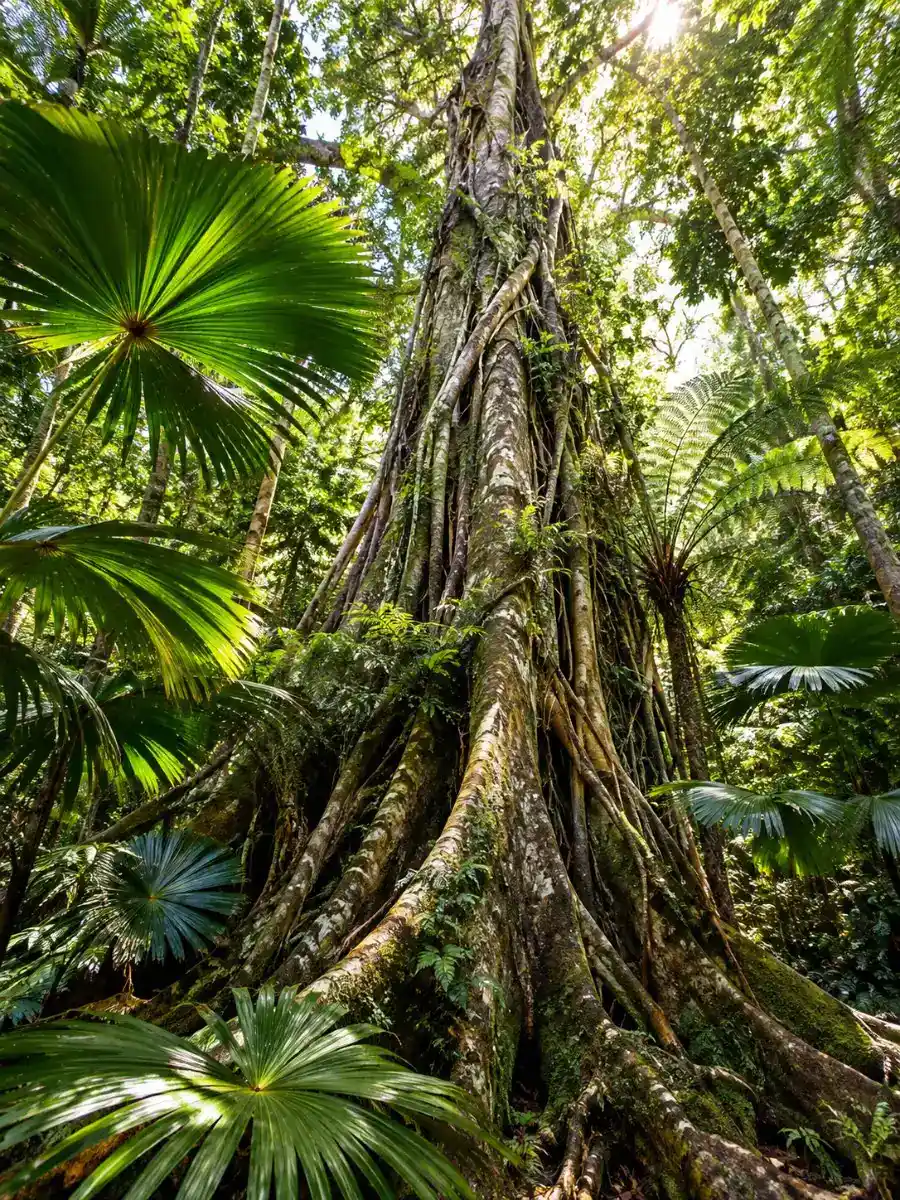 A strangler fig and fan palms in sunlit lowland rainforest in the Daintree